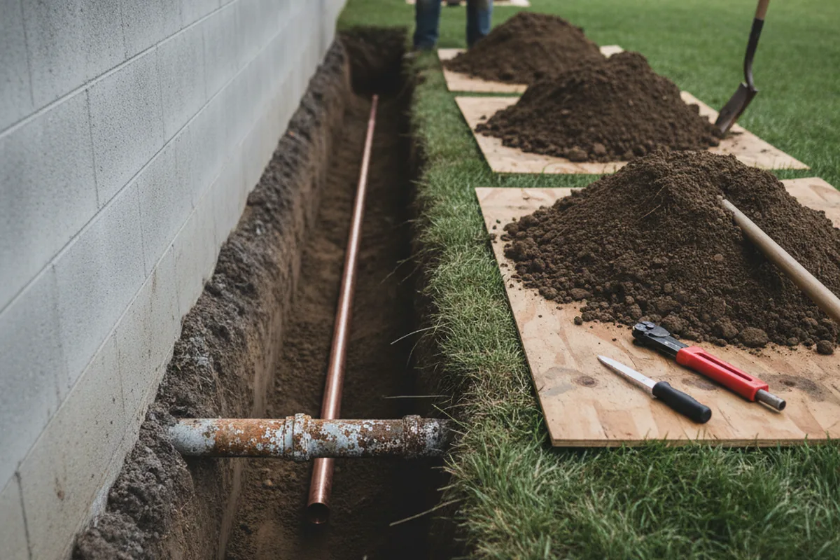 Excavated water line trench during Water Softener Installation in Dekalb